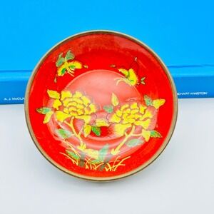Vintage ACF Japanese Porcelain Ware Brass Encrusted Red Butterfly Bowl